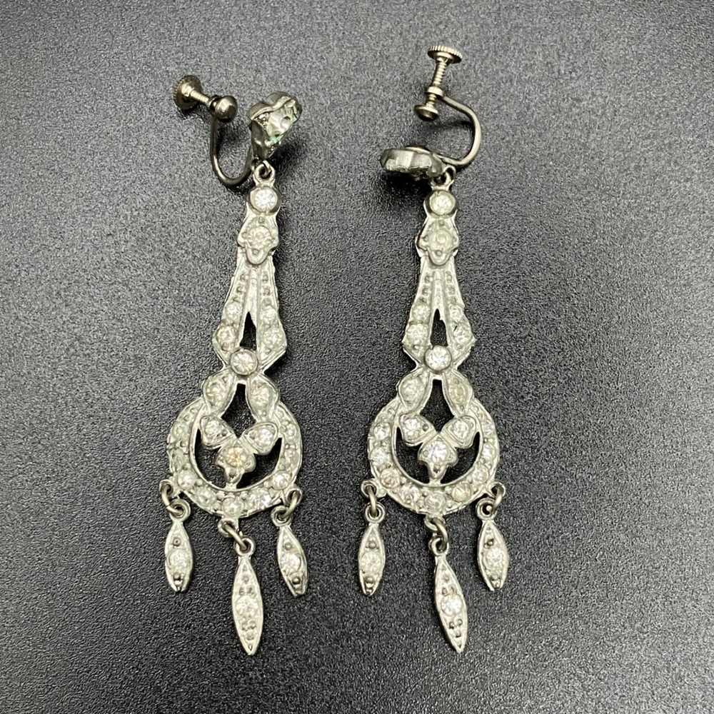 Vintage Rhinestone Earrings Art Deco Screw Back Chandelier Dangle 2.7"
